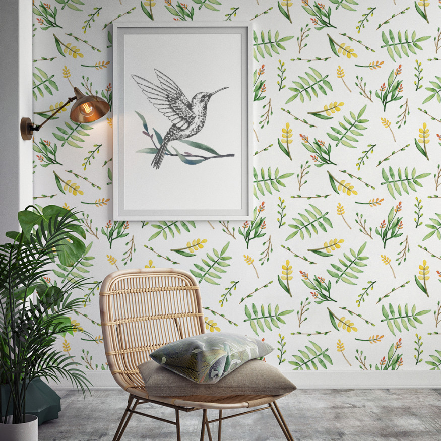 Papel pared decorativo botánico hojas verdes y flores amarillas