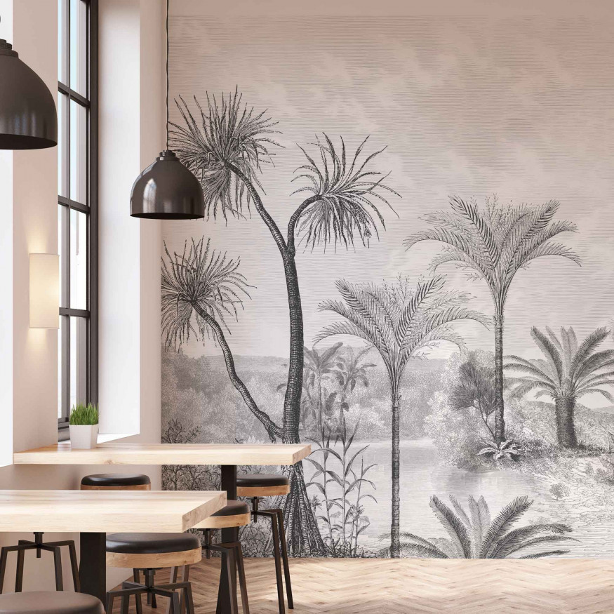 Papel pintado de naturaleza, tropical, blanco y negro, palmera, árbol, hoja  / autoadhesivo, removible, mural de pared despegable y pegado, decoración  de pared -  México
